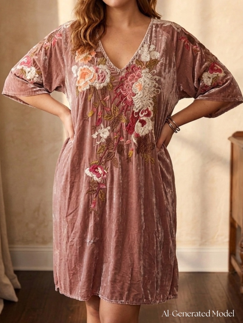 Johnny Was, Chrys Velvet Kimono Dress, Embroidered, Boho, Dusty Pink, Size L